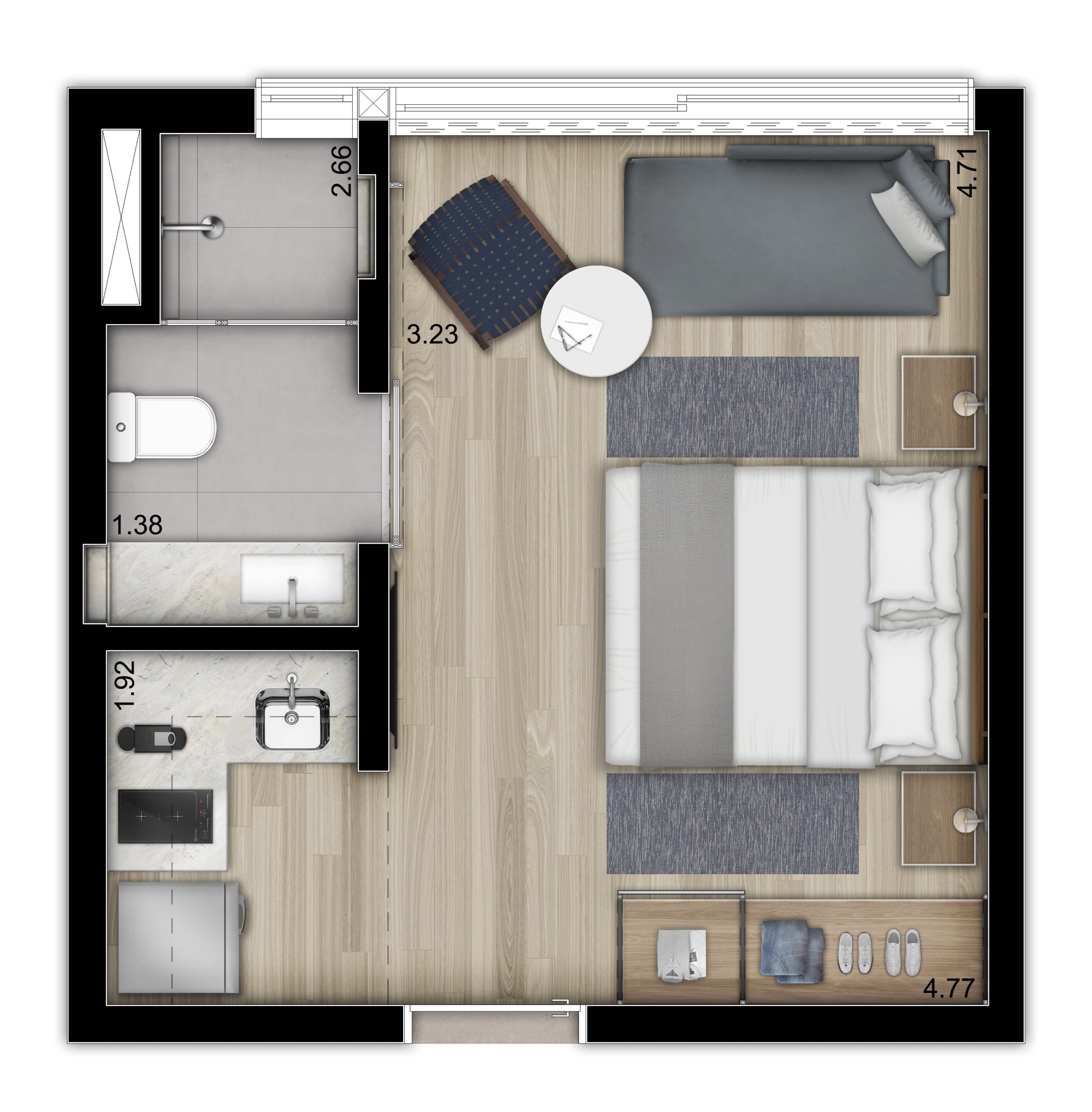 Planta ilustrada NOON Vila Madalena de 25 m², opção 1