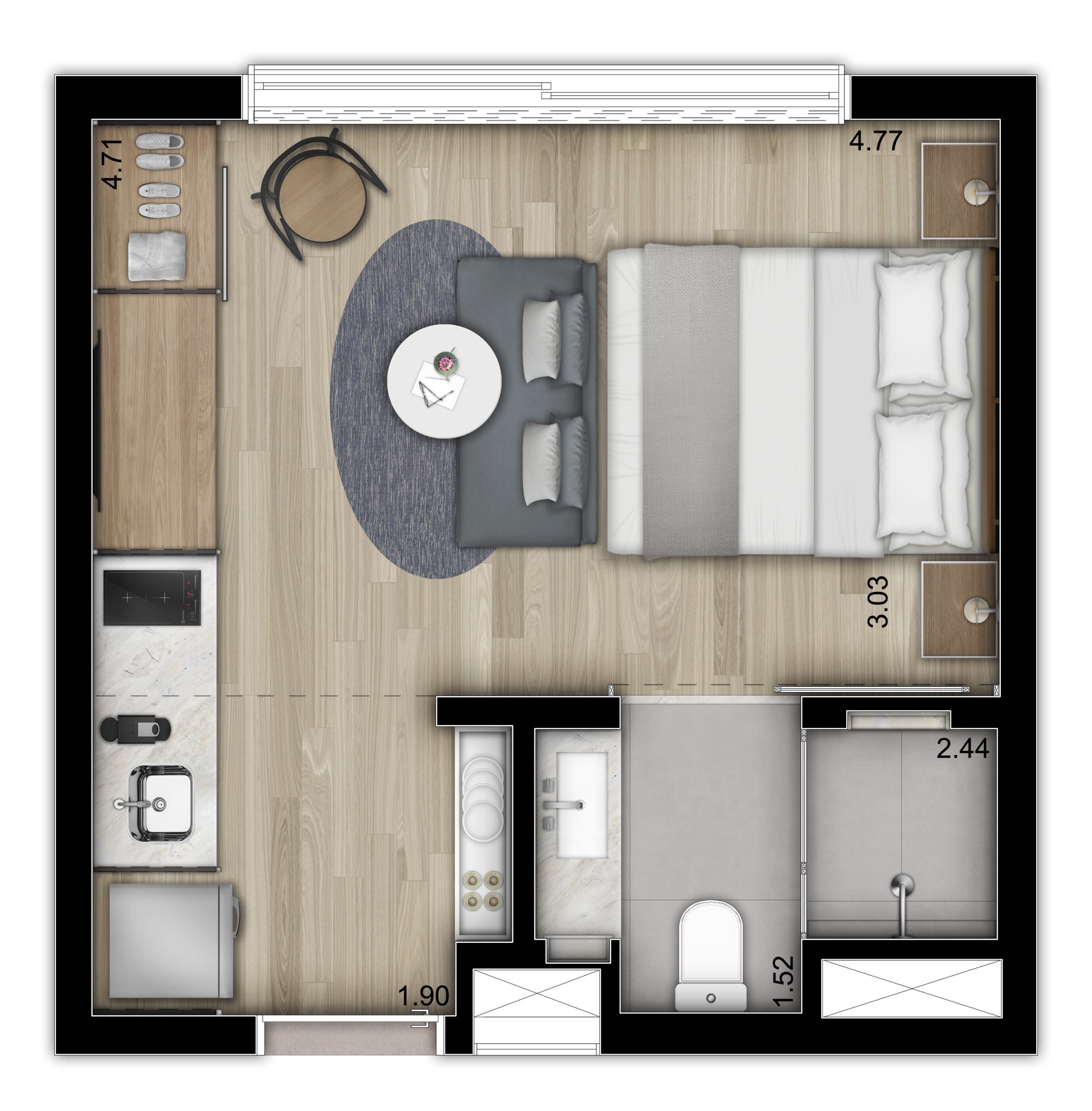 Planta ilustrada NOON Vila Madalena de 25 m², opção 2