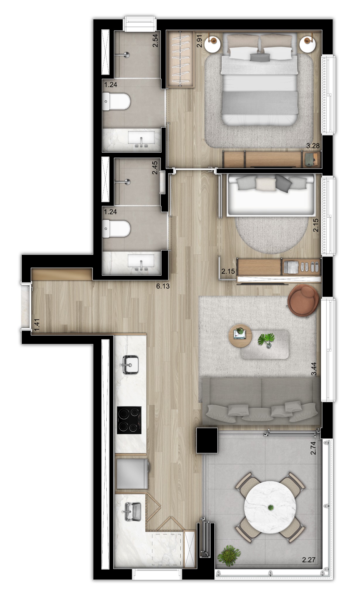Planta ilustrada NOON Vila Madalena de 60 m²
