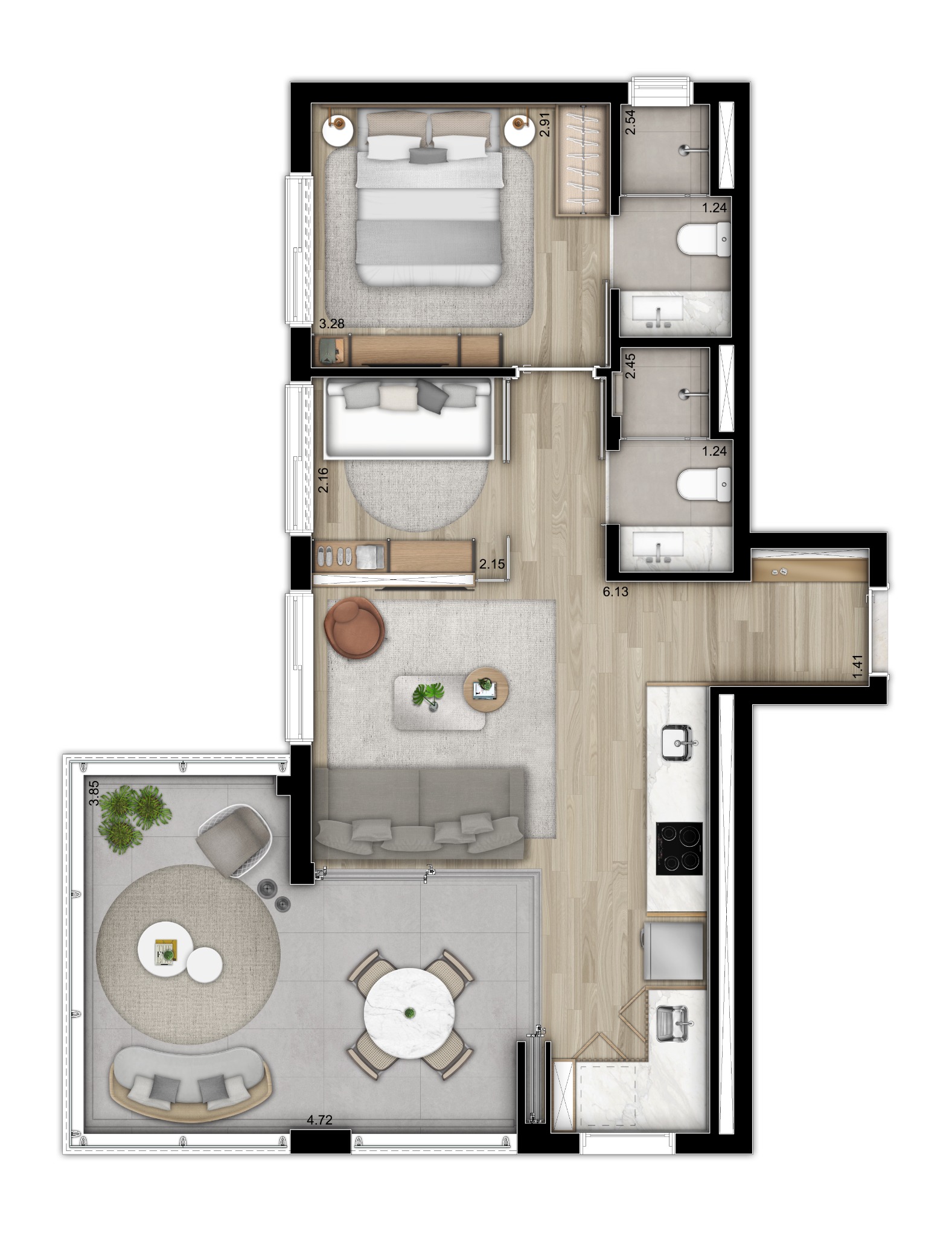 Planta ilustrada NOON Vila Madalena de 71 m²